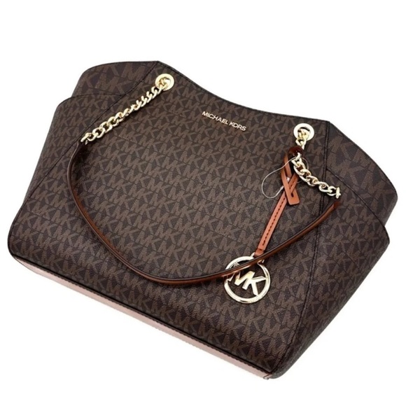 Michael Kors Large Jet Set Travel Chain Shoulder Bag Brown Signature - Picture 1 of 12